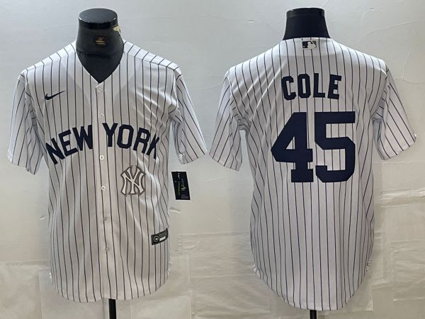 Men New York Yankees #45 Cole White Stripe Game Nike 2024 MLB Jersey style 1